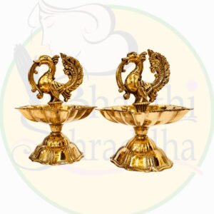 Handcrafted Antique Brass Peacock Deepam (Kundhulu) – Traditional Temple Lamps (Set of 2)