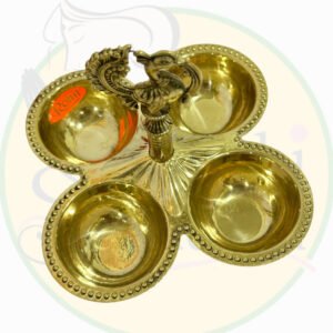 Brass 4-Cup Puja Set with Peacock Handle – Antique Finish Panchdeep Tray